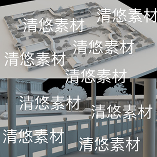 c4d obj格式 园林古典建筑长廊公园湖泊场景文件 非实物B699 fbx
