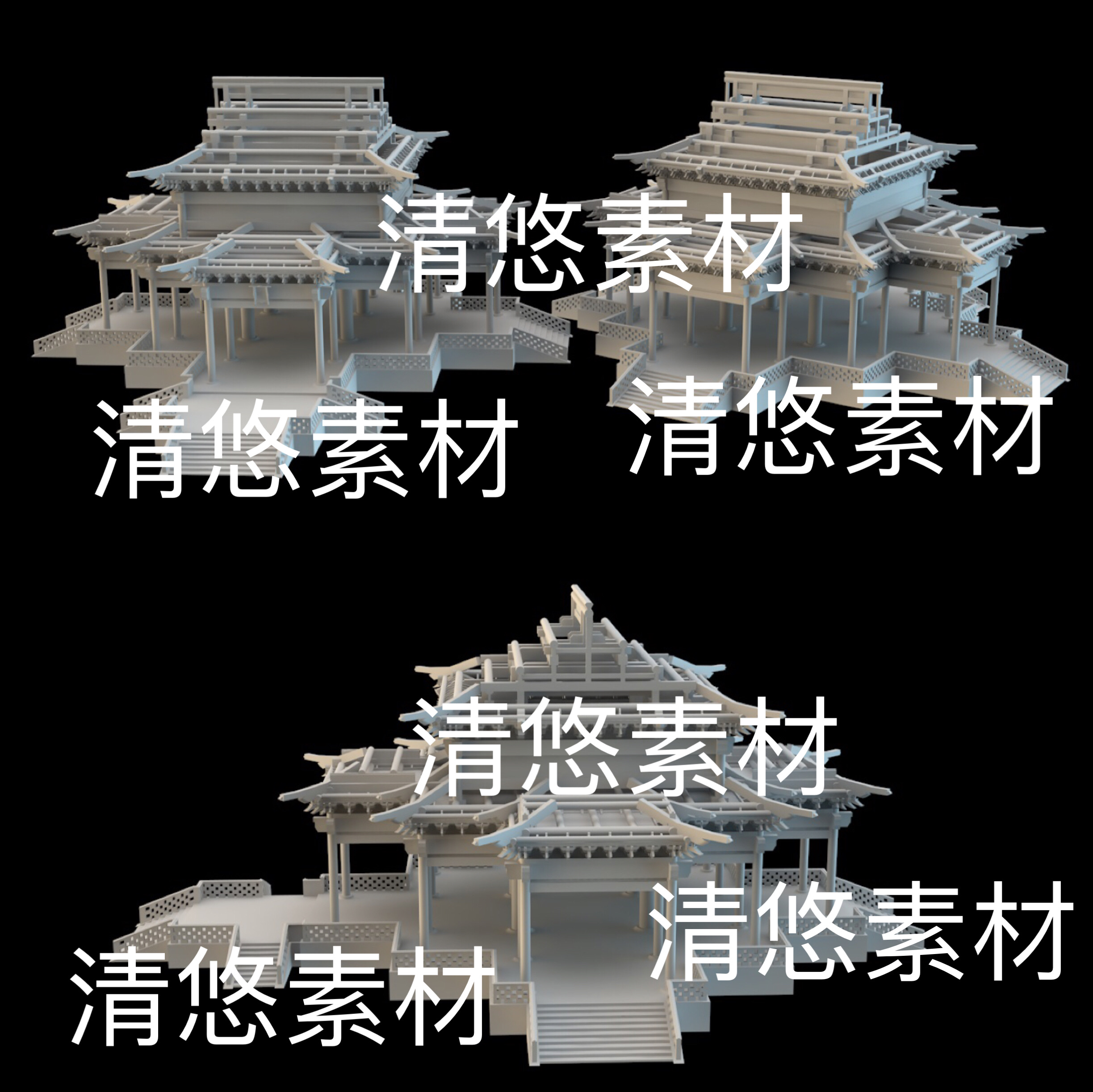 中式古建筑承光殿梁架结构su c4d fbx obj 3ds模型文件非实物B475