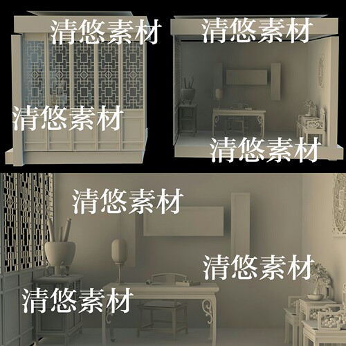 maya c4d fbx obj室内中式古风书房桌椅花窗模型文件 非实物A917