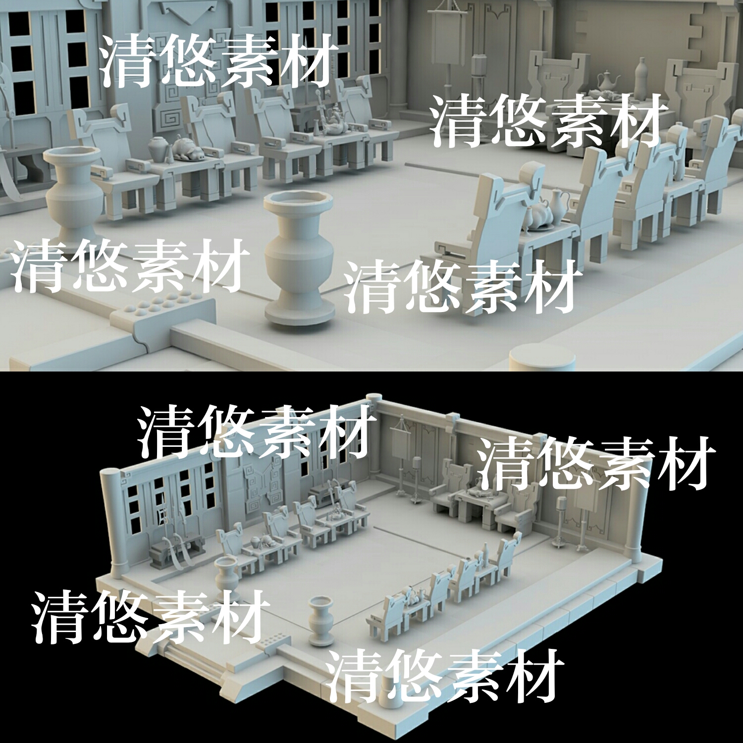 maya 3dmax c4d fbx古代室内场景忠义堂桌椅模型文件 非实物A912