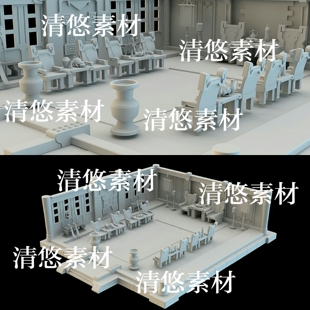 maya c4d fbx古代室内场景忠义堂桌椅模型文件 非实物A912 3dmax