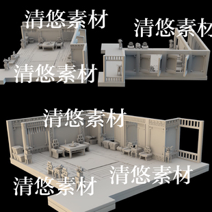 卡通古代室内场景桌椅宝箱文件 3dmax obj格式 fbx 非实物B128 c4d