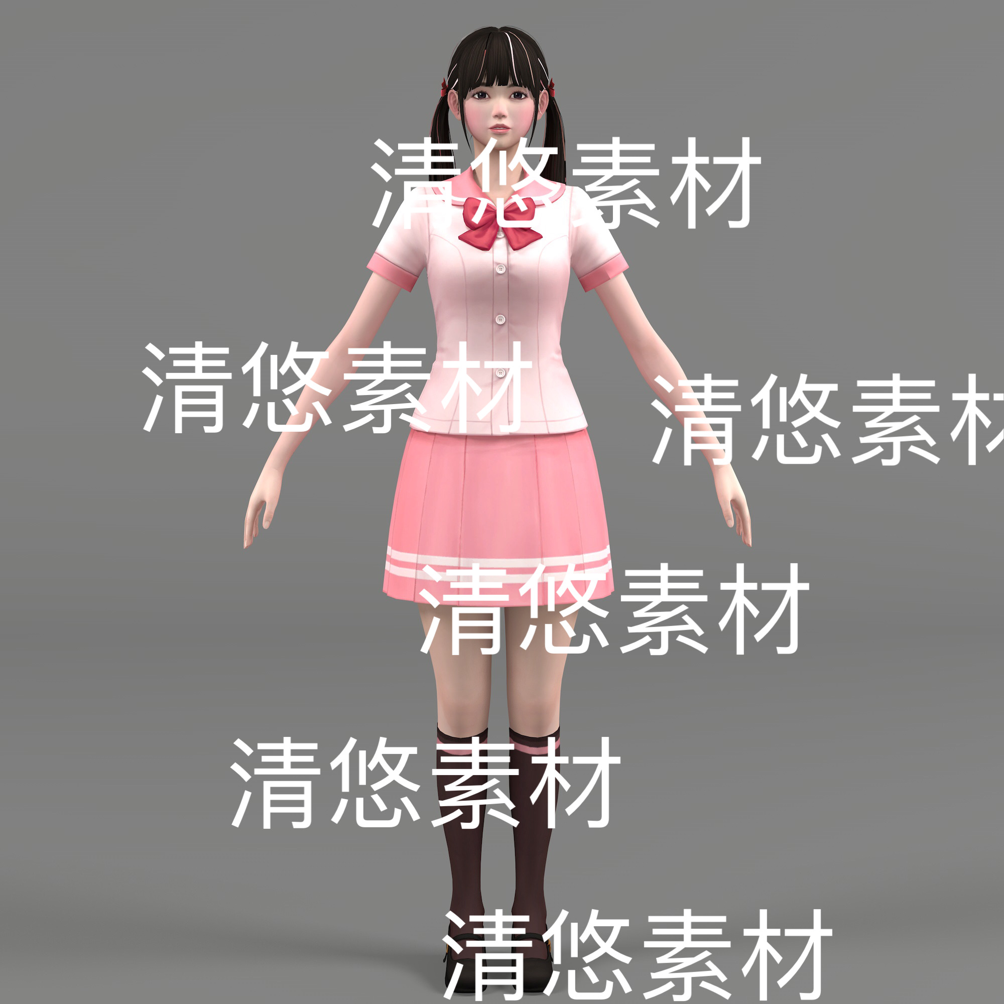 c4d fbx格式粉色校服学生少女人物骨骼面部绑定文件 非实物D508
