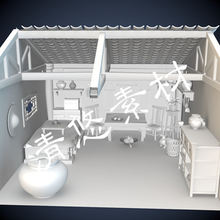 fbx obj古代建筑农家小屋卡通室内场景模型桌子椅子A161 c4d maya