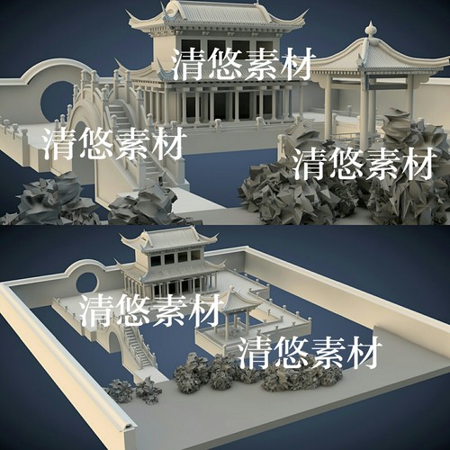 园林古建筑庭院c4d fbx obj格式模型场景房子石桥围墙 非实物A460