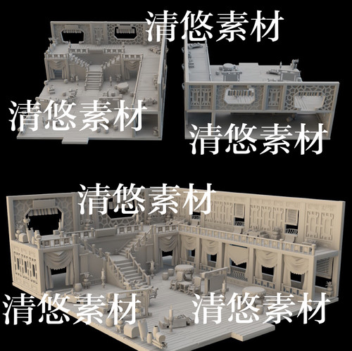 maya c4d fbx obj卡通客栈酒店桌椅室内场景模型文件 非实物B19