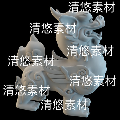 c4d fbx obj格式神兽麒麟雕塑石像模型文件 非实物E127