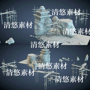 3dmax fbx obj古代工地架子石像碎石场景文件 非实物A681 c4d