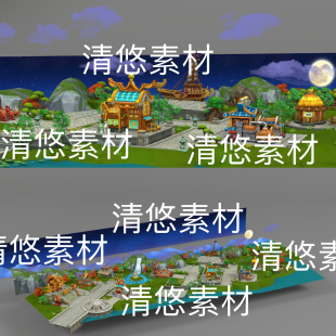 c4d obj格式 简模卡通仙侠夜景云彩游戏场景文件 非实物D297 fbx