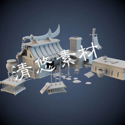 Q版卡通古代建筑武器店maya c4d fbx obj铁匠铺模型场景元素A120