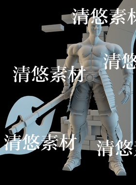 maya c4d fbx obj游戏人物光头斧头肌肉战士模型文件 非实物A988