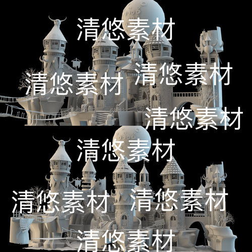 maya c4d fbx obj格式卡通梦幻西方城堡建筑场景文件 非实物B972