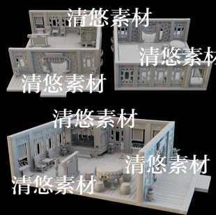 非实物B20 maya c4d fbx obj古代卡通房间室内桌椅床场景模型文件