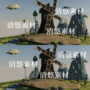 obj格式 low poly风车场景低面多边形卡通c4d fbx 非实物A432 模型