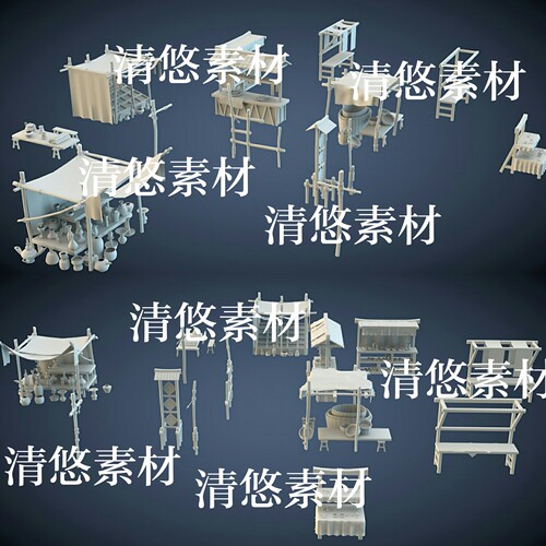 3dmax c4d fbx obj古代摊位帐篷罐子瓶子场景装饰文件 非实物A788