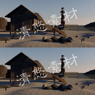 海滩海岸木屋木船灯塔场景模型工程文件 A68 模型 c4d格式
