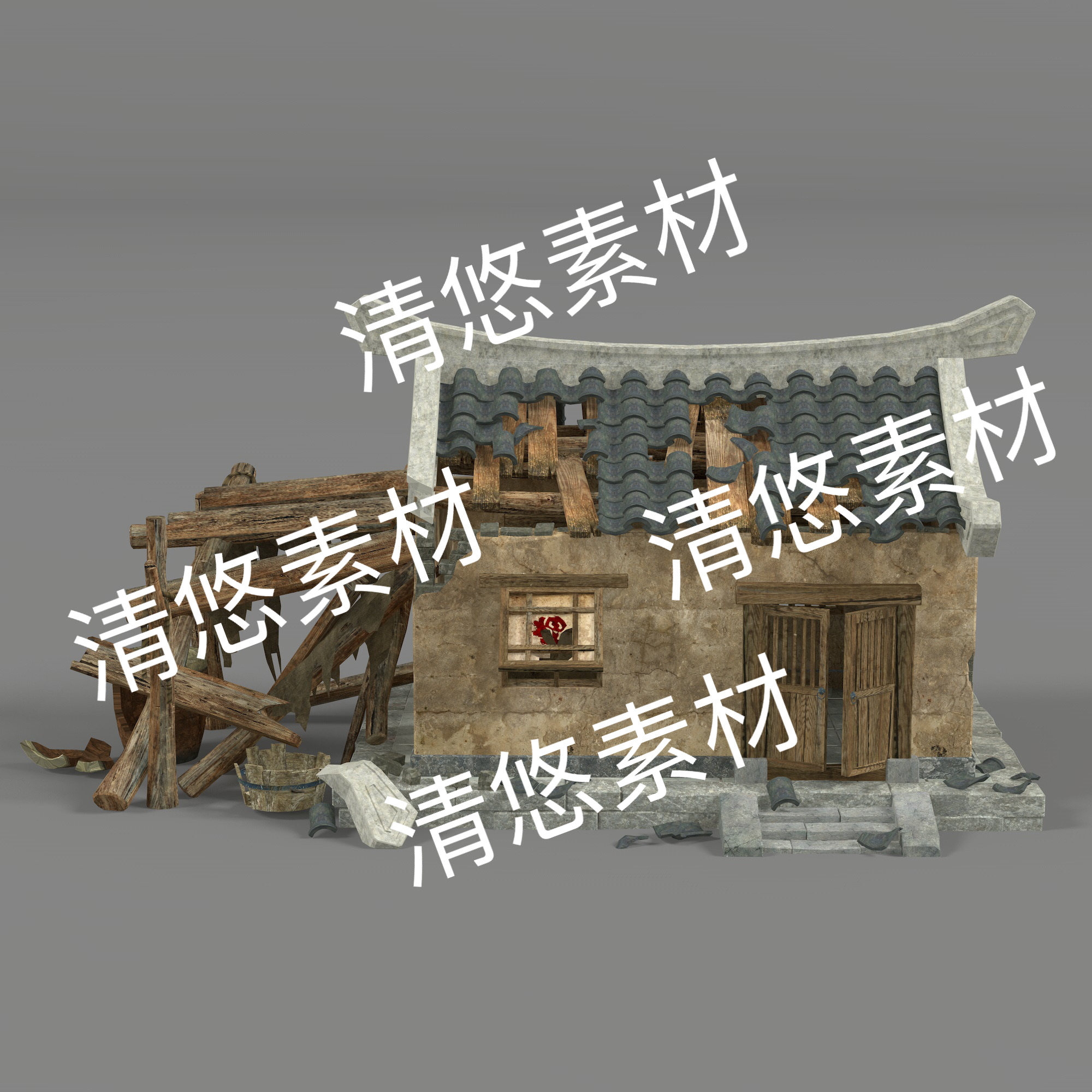 3dmax c4d fbx obj格式破损古风卡通破旧居民小屋文件 非实物E47