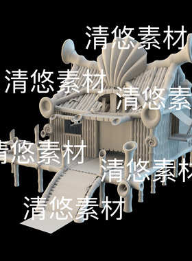 3dmax c4d fbx obj格式卡通古风乡野海边竹木小屋文件 非实物E34