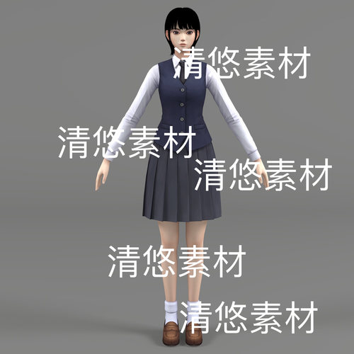 骨骼面部绑定c4d fbx格式现代日韩短发学生妹女孩文件 非实物D760