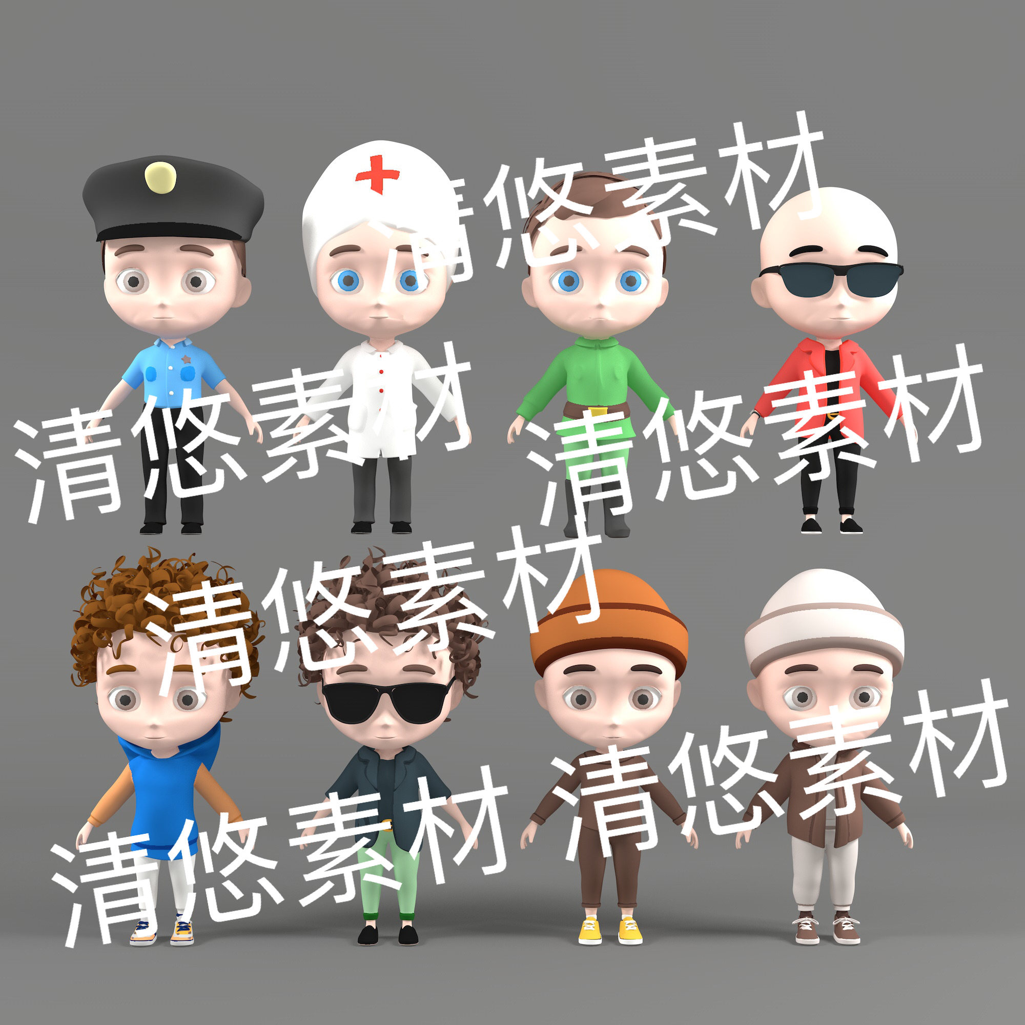 c4d fbx obj格式卡通小人警察医生黑老大人物文件 非实物E61