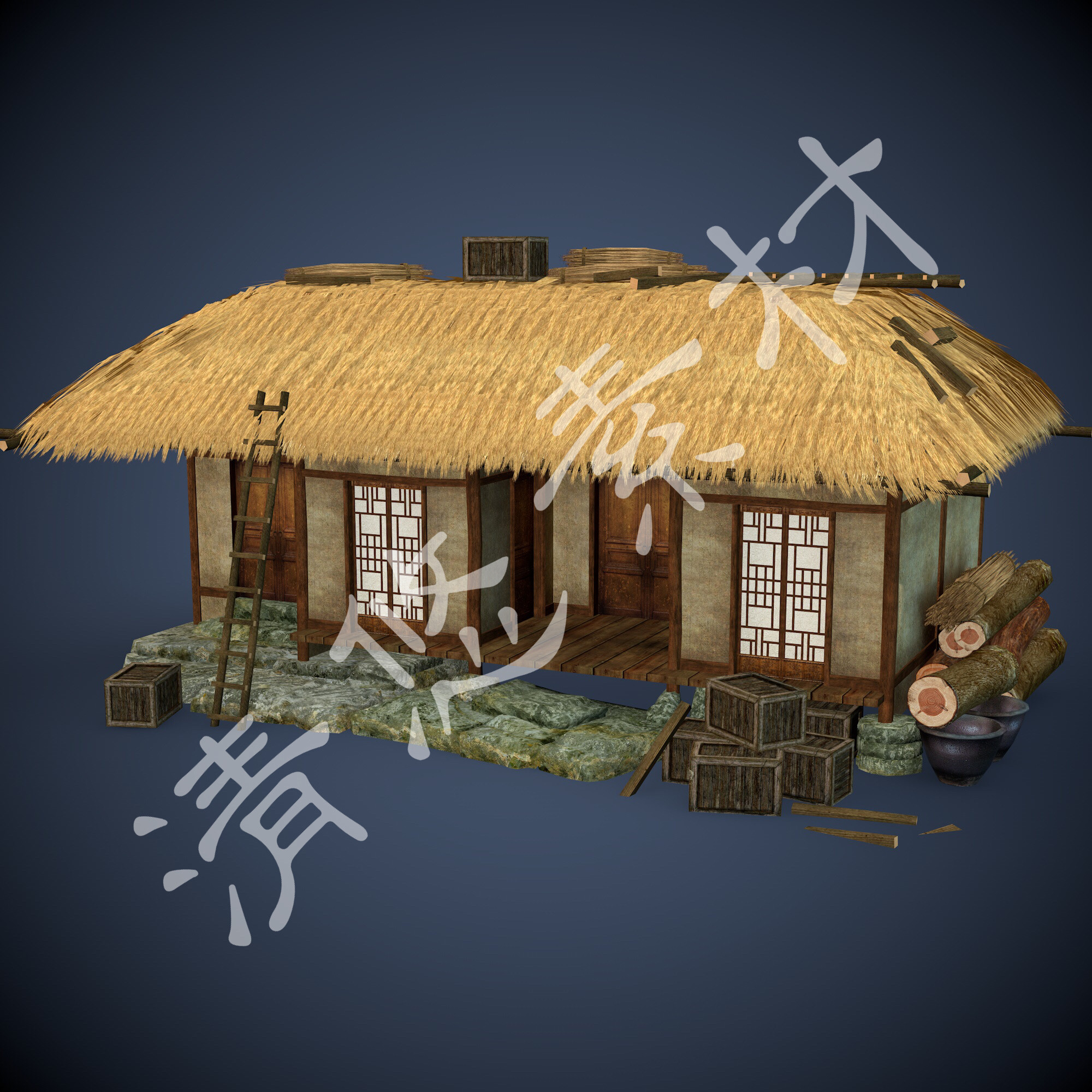古代茅草屋农家小屋 游戏场景梯子盒子 3dmax c4d fbx格式模型289