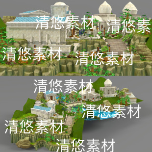 简模欧式 c4d fbx obj格式 非实物D285 建筑废墟游戏地图场景文件