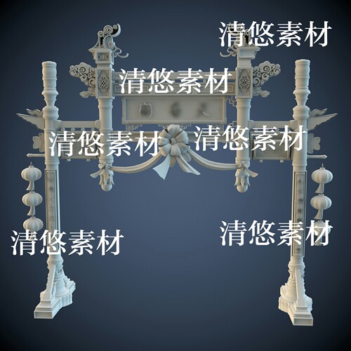国风古代建筑牌坊花纹灯笼3dmax c4d fbx obj文件模型 非实物A698