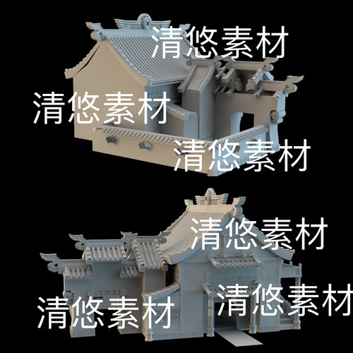 3dmax c4d fbx obj古风仙侠卡通房子围墙屋檐建筑文件 非实物E87