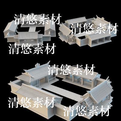 maya c4d fbx obj古代建筑屋顶瓦围墙衙门大门模型文件 非实物B23