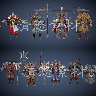 古风人物男武将盾牌盔甲武器中国风c4d obj雕刻素材次世代A22 fbx