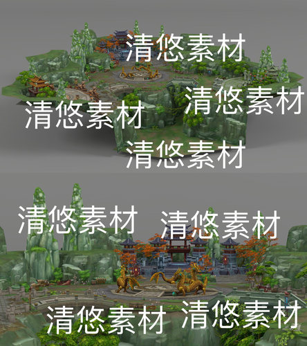 c4d fbx obj格式简模古风建筑仙侠游戏场景地图文件 非实物D293