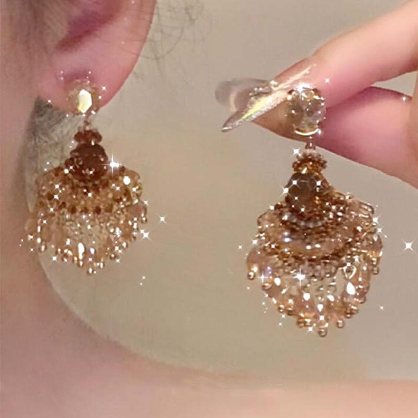 美拉德棕色水晶扇形流苏耳环