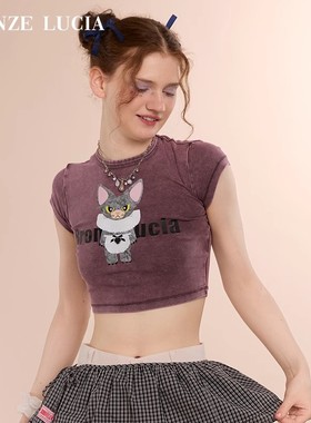 Bronze Lucia绛紫色德文小公仔短款紧身T恤