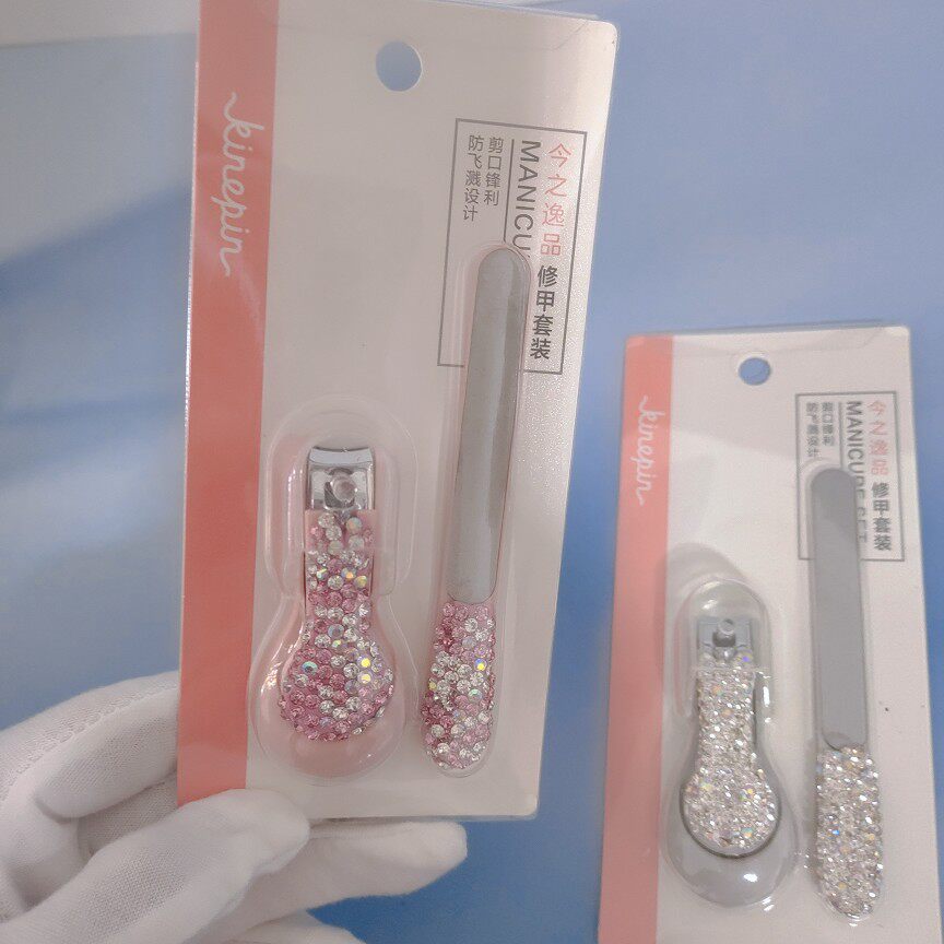 안티 스플래시 다이아몬드 박힌 새로운 스테인레스 스틸 손톱깎이 손톱깎이 네일 파일 매니큐어 세트 2 피스 세트