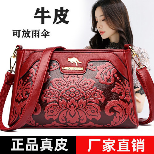 多层软皮单肩中年妈妈牛皮斜挎包
