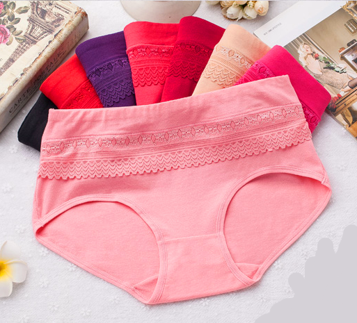 大码蓝夫人内裤抗菌透气抗过敏女纯棉中腰全棉健康蕾丝边女士底裤
