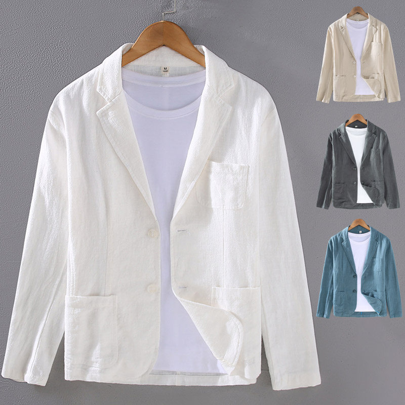 无印MJ春夏男士棉麻休闲西装外套薄款透气平驳领商务小西服苎麻
