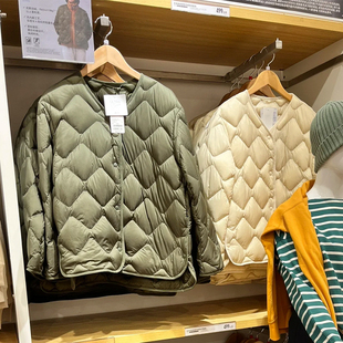 日单优衣秋冬宽松轻薄羽绒服内胆圆领V领女小个子短款 白鸭绒外套