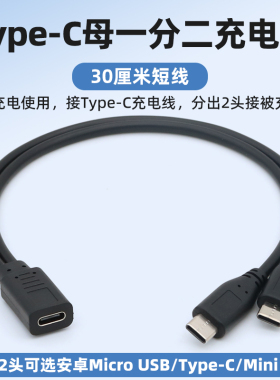 typec母一分二双充电线两口一拖二短线2二合一转接线双口安卓Micro USB接口Mini双头T型老式行车记录仪电源线