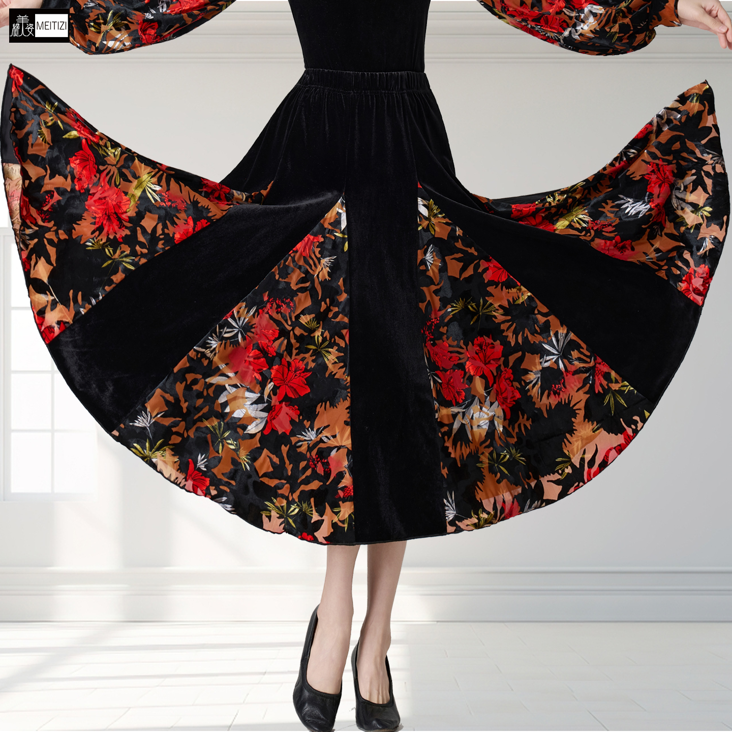 秋冬新款摩登舞丝绒印花高腰中长裙女广场舞半身裙演出交谊舞裙