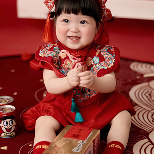 儿童摄影服装周岁宴礼服红色连体影楼拍照女宝宝蛇年主题套装抓周