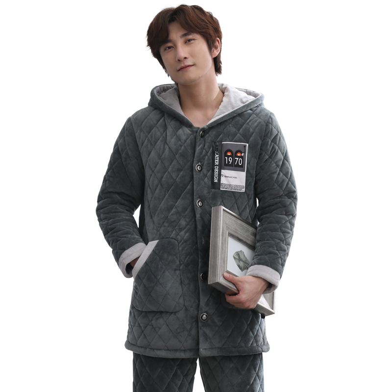 冬季夹棉三层加绒加厚保暖家居服
