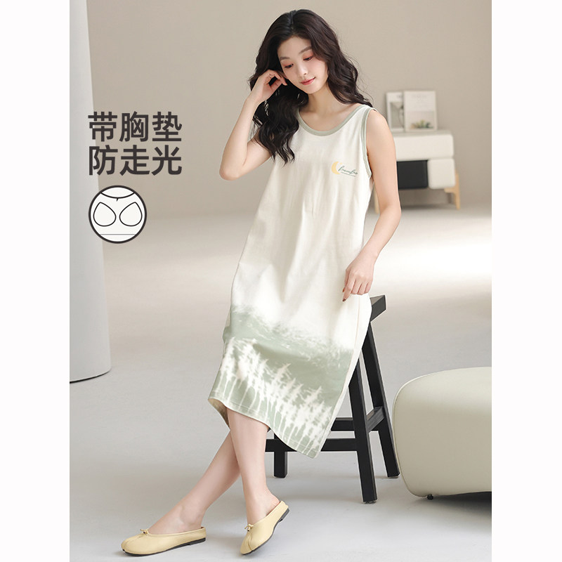 带胸垫睡裙女夏季新款无袖背心纯棉中长款过膝夏天100%棉连体睡衣
