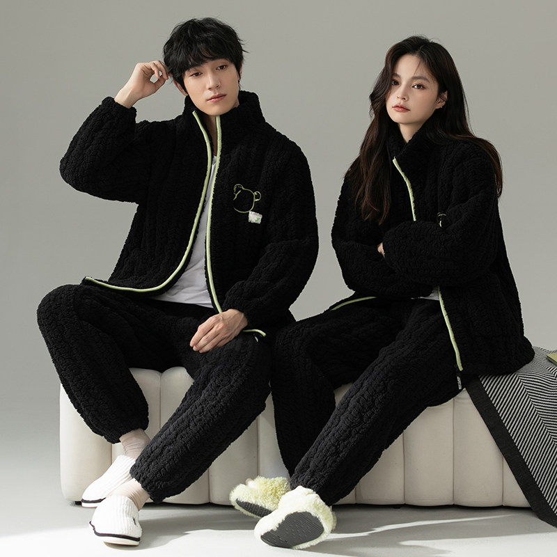 情侣睡衣女冬季新款加厚珊瑚绒夹棉拉链黑色可外穿男士家居服套装