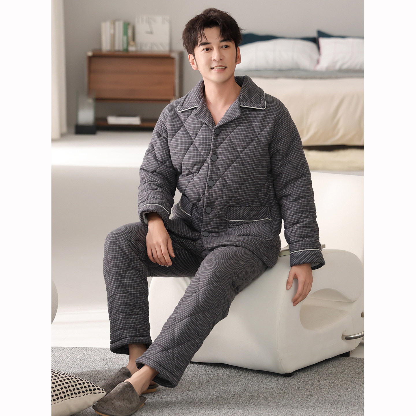 男士棉袄睡衣25冬季新款纯棉布珊瑚绒夹棉三层加厚格子爸爸家居服