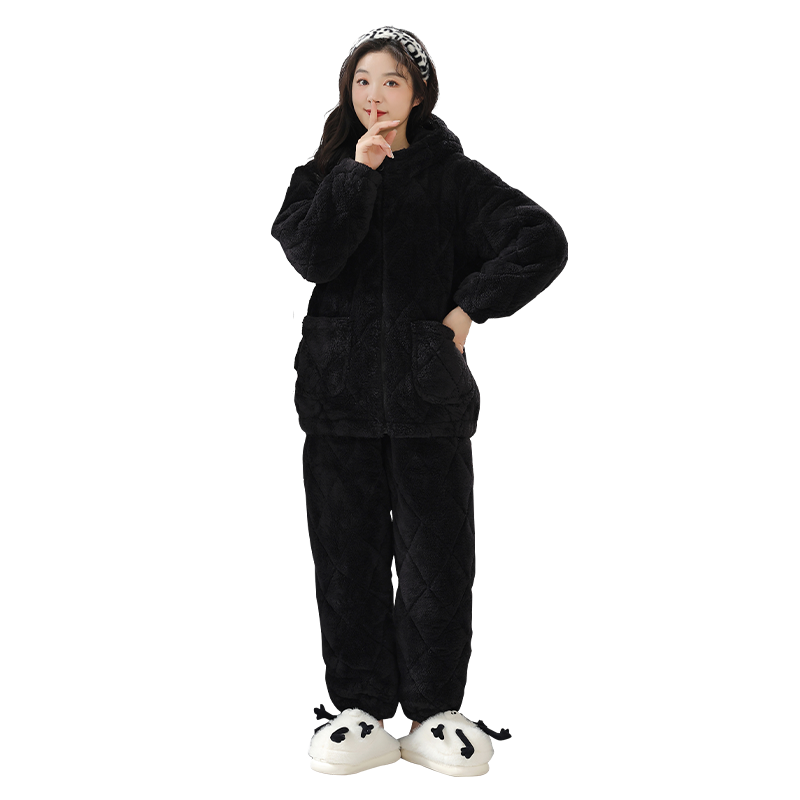 三层加厚贵妃绒夹棉连帽女家居服