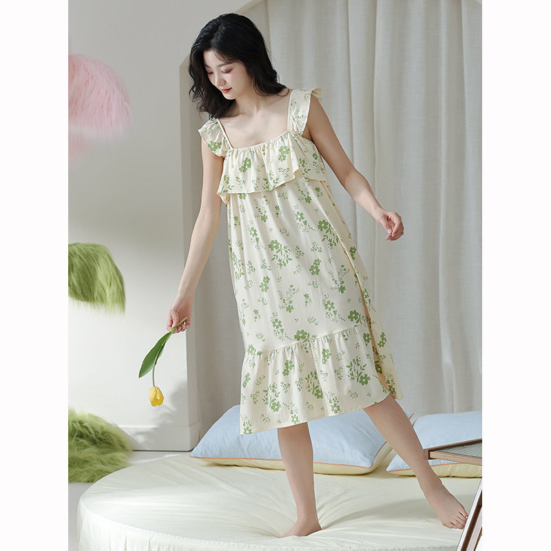 自带胸垫吊带睡裙女生夏季新款无袖背心纯棉中长款过膝连衣裙睡衣