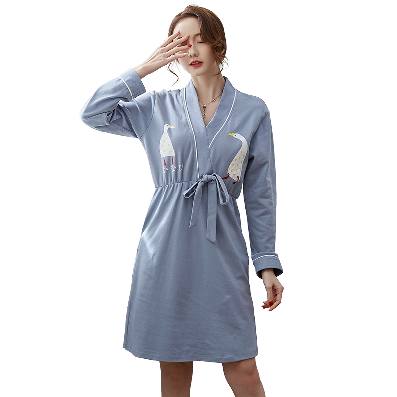 带胸垫长袖可外穿全棉和服睡衣