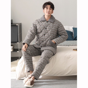男款棉袄睡衣冬季新款纯棉布法兰绒夹棉三层加厚格子可外穿家居服