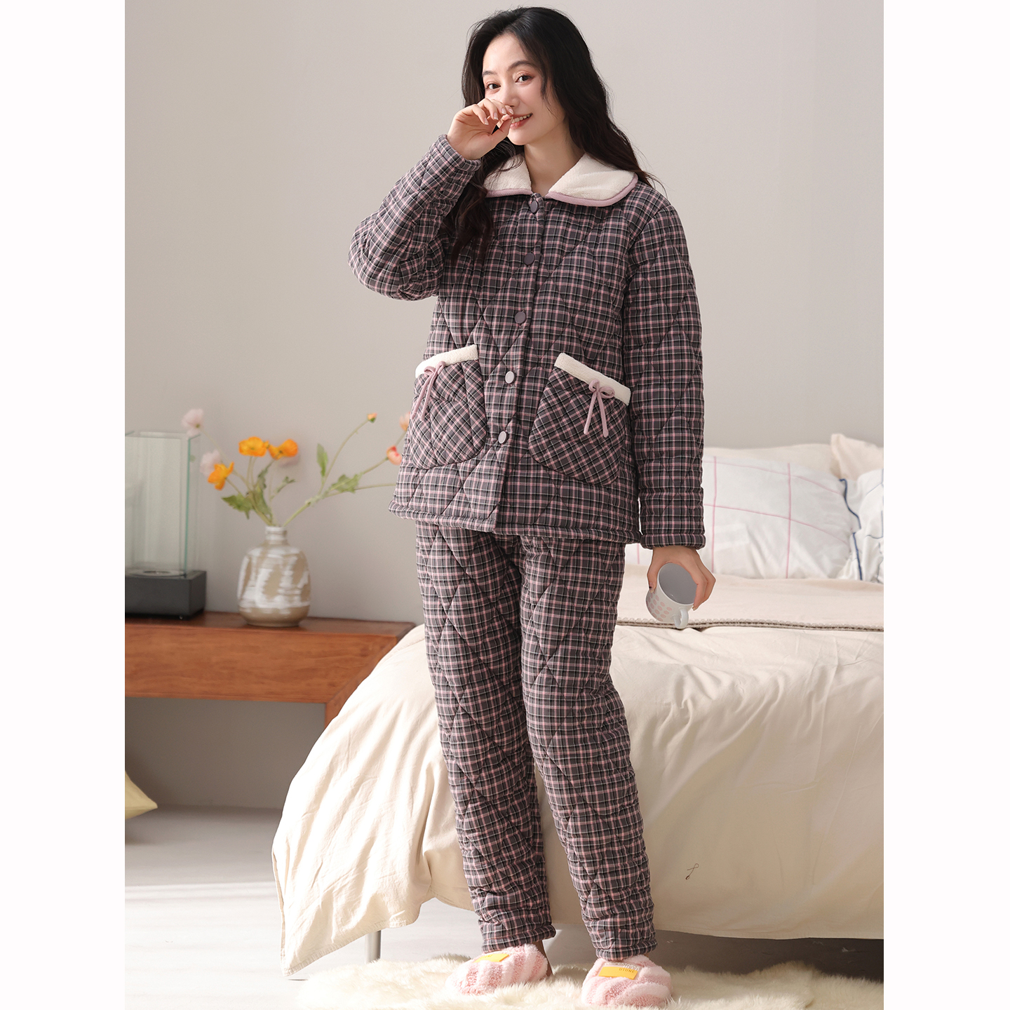 康汝雅冬季加厚纯棉布夹棉家居服